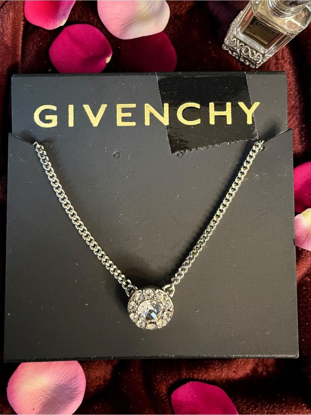Givenchy Silver Sparkling Crystal Halo Pendant Necklace with Givenchy Gift Box